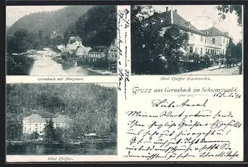 AK Gernsbach im Schwarzwald, Hotel Pfeiffer, Gartenseite, Ortspartie mit Murginsel