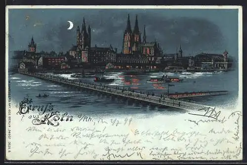 Lithographie Köln a. Rh., Uferpartie mit Dom bei Mondschein