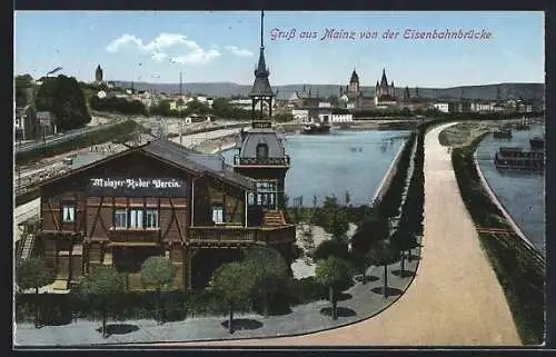 AK Mainz, Blick von der Eisenbahnbrücke mit Winterhafen, Haus vom Mainzer Ruder Verein