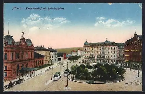 AK Mainz / Rhein, Hauptbahnhof mit Bahnhofsplatz und Strassenbahnen