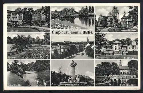 AK Hamm /Westf., Bärenbrunnen, Schloss Heessen und Kurpark