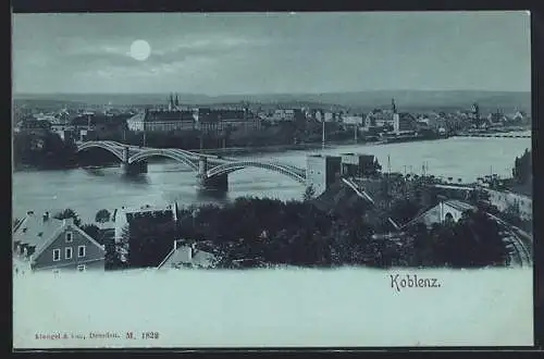 Mondschein-AK Koblenz, Teilansicht mit Brücke