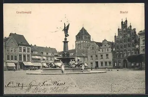 AK Greifswald, Markt mit Brunnen