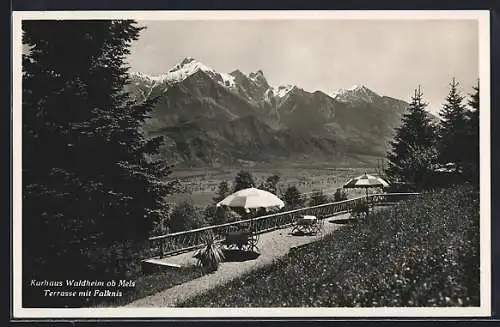 AK Mels, Kurhaus Waldheim, Terrasse mit Falknis