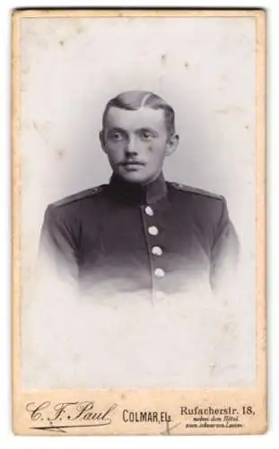 Fotografie C. F. Paul, Colmar i. Els., junger Soldat in Uniform mit Mustasch