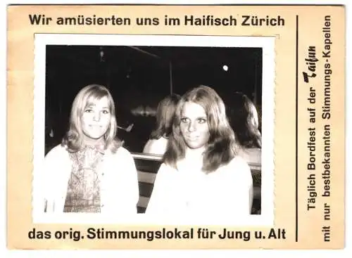 3 Fotografien Taifun, Ansicht Zürich, Stimmungslokal Haifisch, Mühlgasse 3 /5, Mann mit zwei jungen Frauen beim Feiern