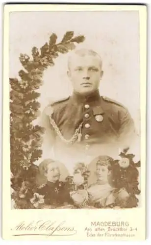 Fotografie Atelier Classens, Magdeburg, junger Soldat in Uniform mit Orden und Schützenschnur, Passepartout Wilhelm II.