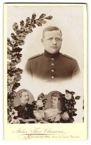 Fotografie Theo Classens, Magdeburg, Soldat in Uniform, Passepartout mit Bild Kaiser Wilhelm II. und Kaiserin Viktoria