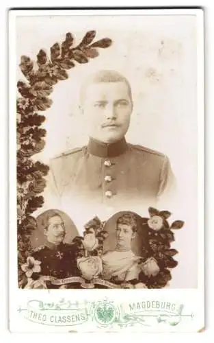 Fotografie Theo Classens, Magdeburg, Soldat in Uniform, Passepartout Bildnis Kaiser Wilhelm II. und Kaiserin Viktoria