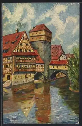 Künstler-AK Degi Nr. 1441 E. Jahn: Nürnberg, Am Henkerssteg, Ortsansicht vom Wasser aus