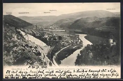 AK Saalfeld / Saale, Blick vom Bohlen saalaufwärts auf Obernitz und Reschwitz