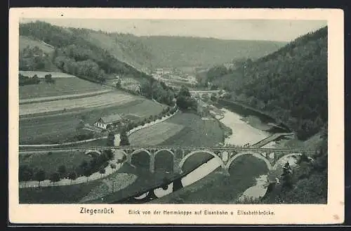 AK Ziegenrück / Thür., Blick von der Hemmkoppe auf Eisenbahn und Elisabethbrücke