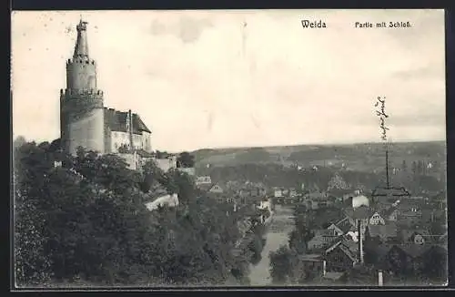 AK Weida / Thür., Ortspartie mit Schloss