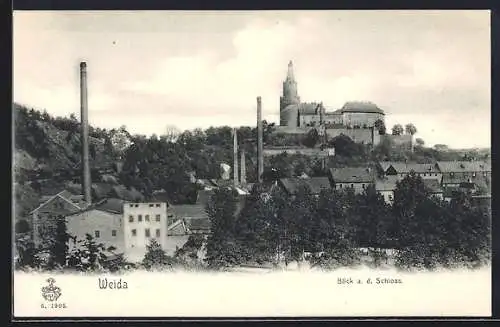 AK Weida / Thür., Blick auf das Schloss, Fabrikschornsteine