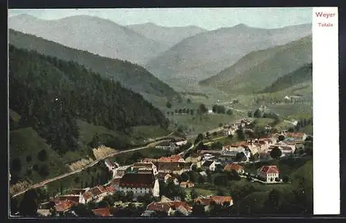 AK Weyer, Totalansicht mit Kirche, Talblick und Bergpanorama