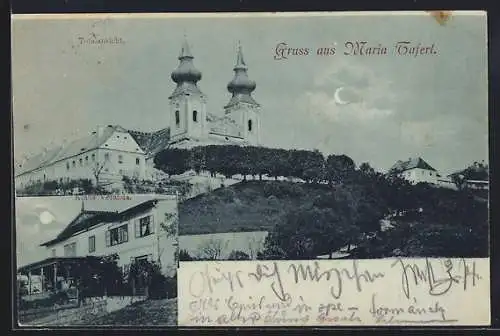 Mondschein-AK Maria Taferl, Totalansicht und Gasthaus Klaus Veranda