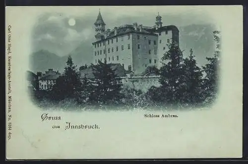 Mondschein-AK Innsbruck, Schloss Ambras bei Nacht