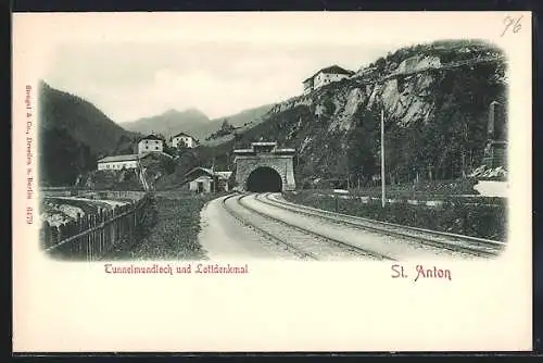 AK St. Anton am Arlberg, Tunnelmundloch und Lottdenkmal, Eisenbahnschienen