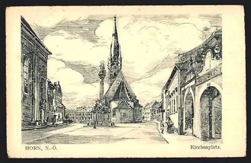 Künstler-AK Horn /N.-Ö., Blick über den Kirchenplatz