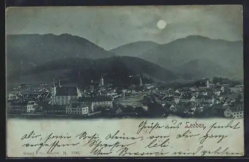 Mondschein-AK Leoben, Teilansicht bei Nacht