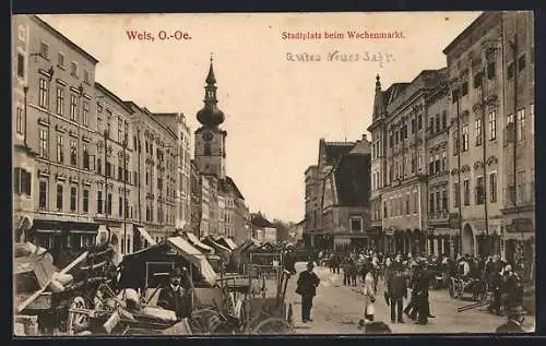 AK Wels /O.-Oe., Stadtplatz beim Wochenmarkt