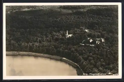 AK Berlin-Wannsee, Nikolskoe, Havel-Wochenendkirche Peter und Paul, Fliegeraufnahme