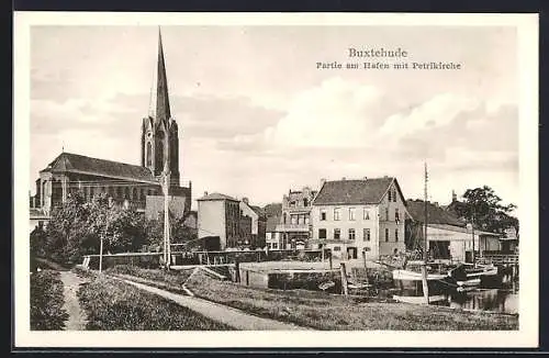 AK Buxtehude, Partie am Hafen mit Petrikirche