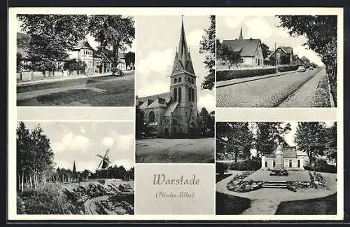 AK Warstade /Nieder-Elbe, Kirche, Denkmal, Windmühle