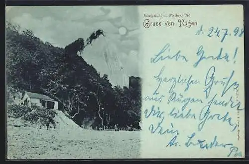 Mondschein-AK Rügen, Königstuhl v. Fischerhütte bei Nacht