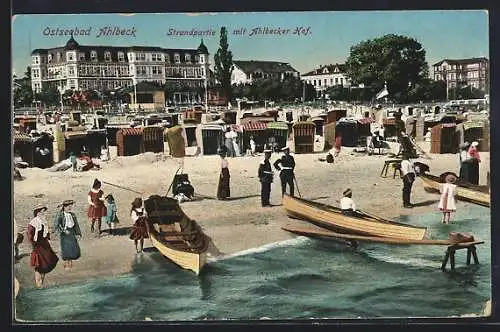 AK Ahlbeck / Ostseebad, Strandpartie mit Hotel Ahlbecker Hof