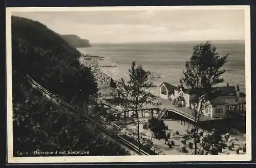 AK Sellin, Badestrand mit Seebrücke