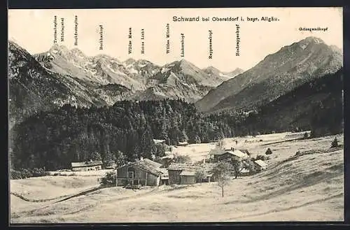 AK Schwand bei Oberstdorf, Panorama mit Linkerskopf, Bockkarkopf und Mädelegabel