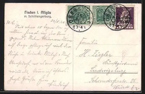 Künstler-AK M. Müller jun.: Fischen i. Allgäu, Ortsansicht mit Schöllangerburg