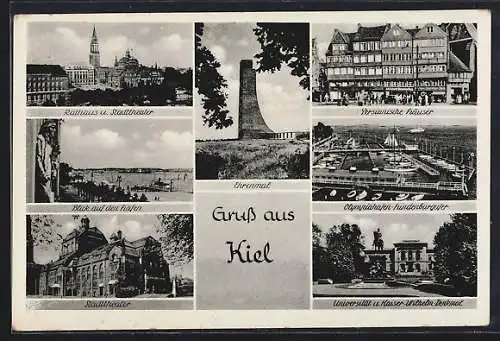 AK Kiel, Rathaus u. Stadttheater, Ehrenmal, Hafenpartie, Persianische Häuser und Universität