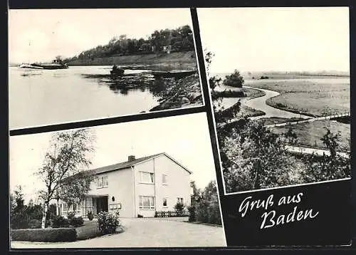 AK Baden / Weser, Haus, Frachtkahn auf der Weser