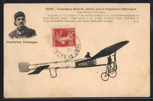 AK Monoplan Bleriot, piloté par Capitaine Bellanger, frühes Flugzeug