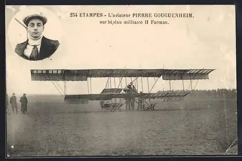 AK Etampes, L`aviateur Pierre Gouguenheim sur biplan militaire H. Farman, frühes Militär-Flugzeug