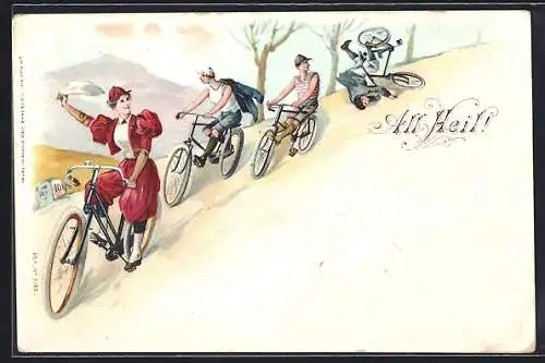 Lithographie Fahrradfahrer stürzt bei einer Abfahrt