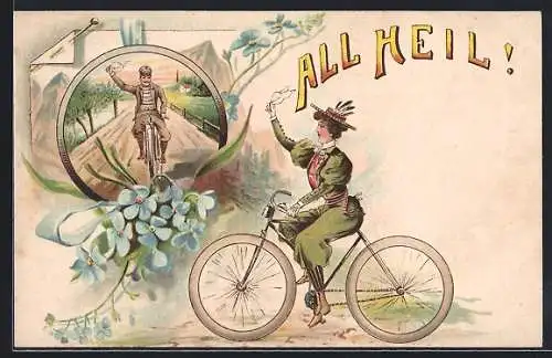 Lithographie Fahrradfahrerin grüsst einen sportlichen Herrn