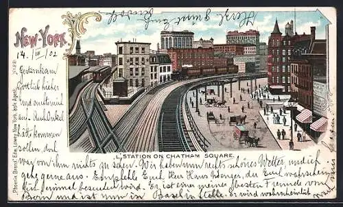 Lithographie New York, L Station on Chatham Square, Eisenbahnstrecke über Strassenniveau