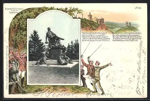 Lithographie Saaleck / Saale, Bismarckdenkmal auf der Rudelsburg