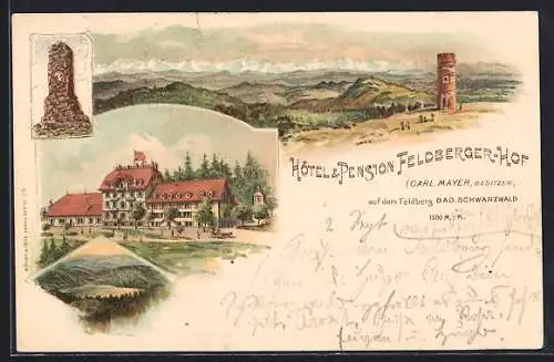 Lithographie Feldberg / Schwarzwald, Ortsansicht mit Hotel und Pension Feldberger Hof