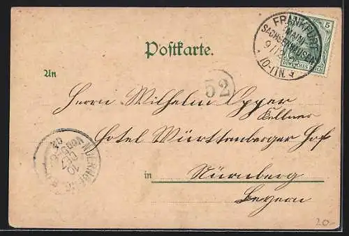 Lithographie Frankfurt a. Main, Kaiser Friedrich- und Kaiser Wilhelm-Denkmäler, Ortsansicht