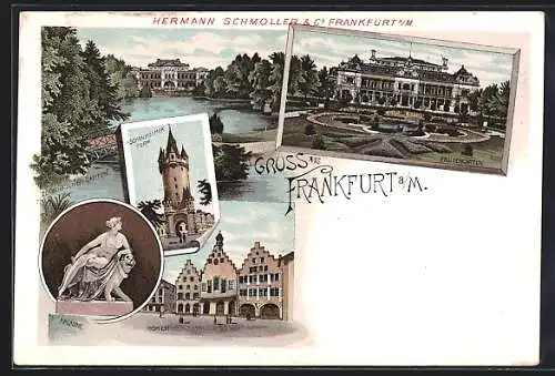 Lithographie Frankfurt a. M., Eschenheimer Turm, Römer, Ariadne, Palmengarten