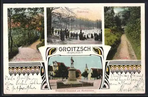 AK Groitzsch / Sa., Bismarck-Denkmal am Marktplatz, Rodelbahn, Wegpartie in der Hölle