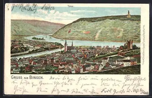 Lithographie Bingen / Rhein, Ortsansicht mit Blick zum Nationaldenkmal und Niederwald