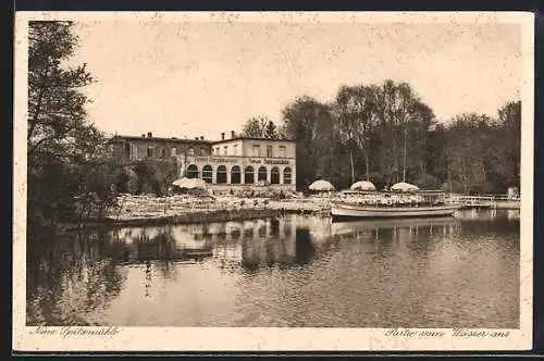 AK Straussberg / Mark, Hotel Neue Spitzmühle, Partie vom Wasser aus