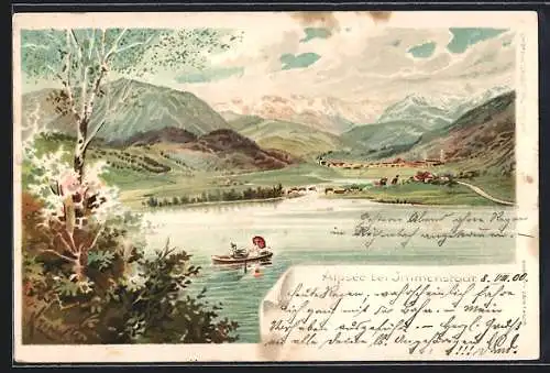 Lithographie Immenstadt, Alpsee mit Ruderern und Bergpanorama