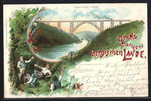 Lithographie Müngsten, Kaiser Wilhelm Brücke, Zecher im Grünen