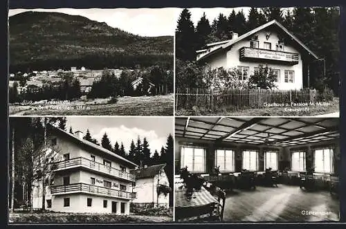 AK Kreuzstrassl /Bayer. Wald, Gasthaus Müller Max, Ortsansicht und Aussenansicht des Gasthauses